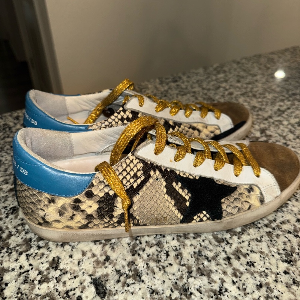 Golden Goose Snake Print Sneakers with Gold Laces